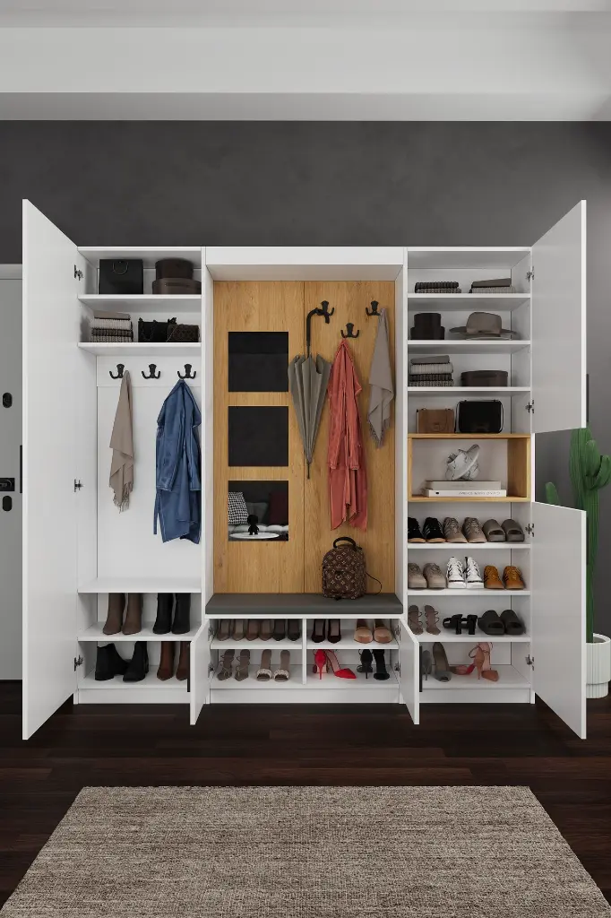 V-04 Modern Vestiyer ve Portmanto 210 cm Oturaklı Aynalı Ayakkabılıklı