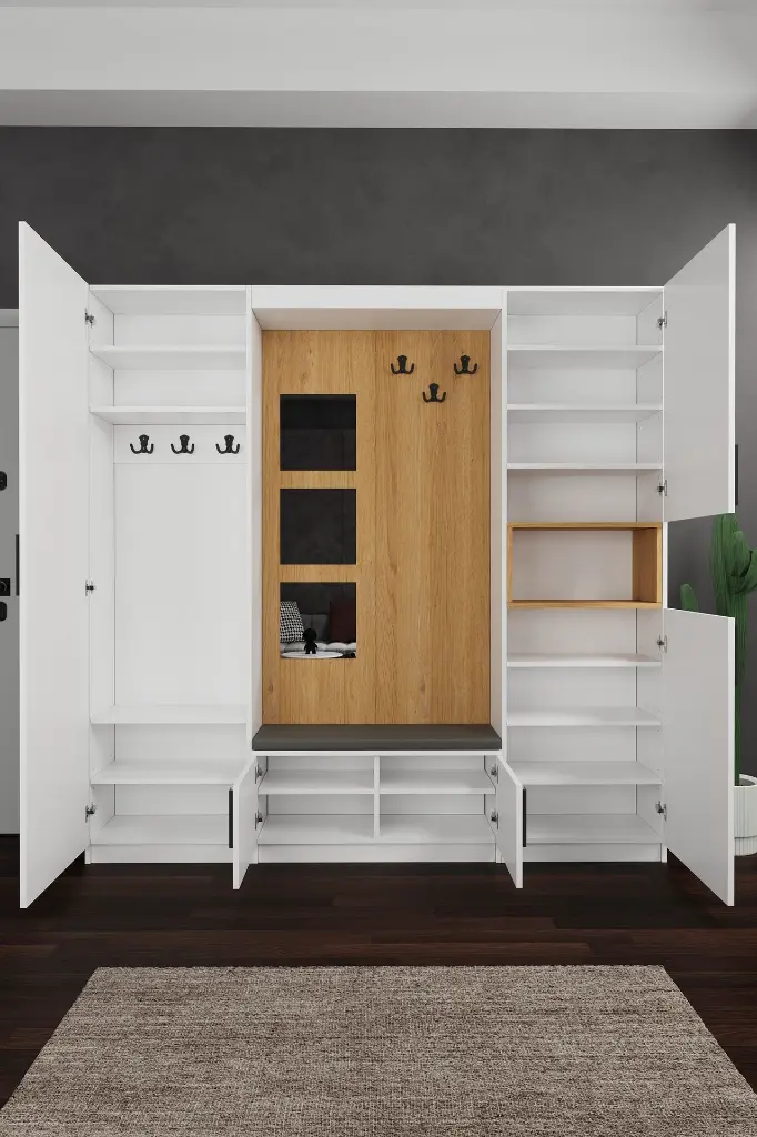 V-04 Modern Vestiyer ve Portmanto 210 cm Oturaklı Aynalı Ayakkabılıklı