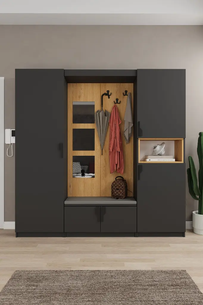 Modern Vestiyer ve Portmanto 210 cm Oturaklı Aynalı Ayakkabılıklı V-04 