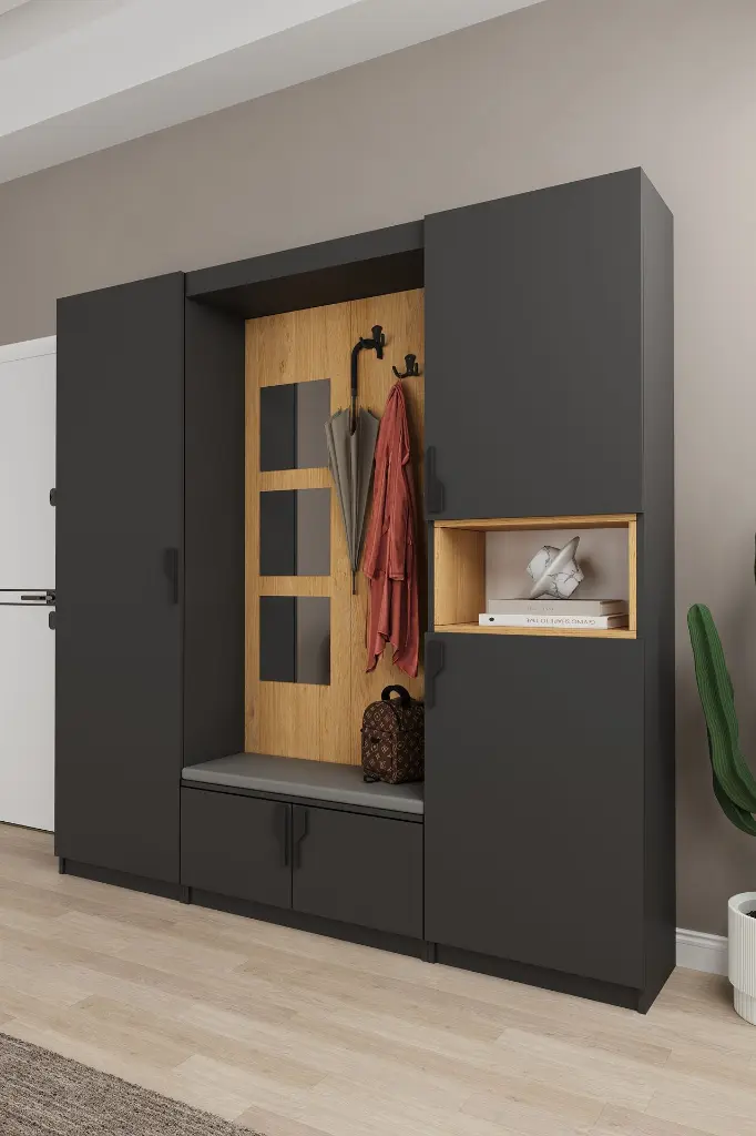 Modern Vestiyer ve Portmanto 210 cm Oturaklı Aynalı Ayakkabılıklı V-04 