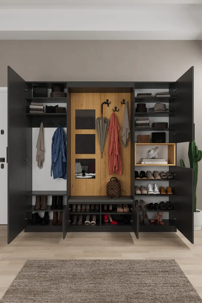 Modern Vestiyer ve Portmanto 210 cm Oturaklı Aynalı Ayakkabılıklı V-04 