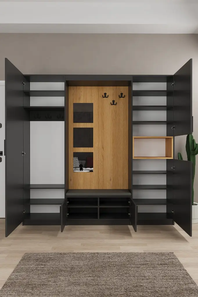 Modern Vestiyer ve Portmanto 210 cm Oturaklı Aynalı Ayakkabılıklı V-04 