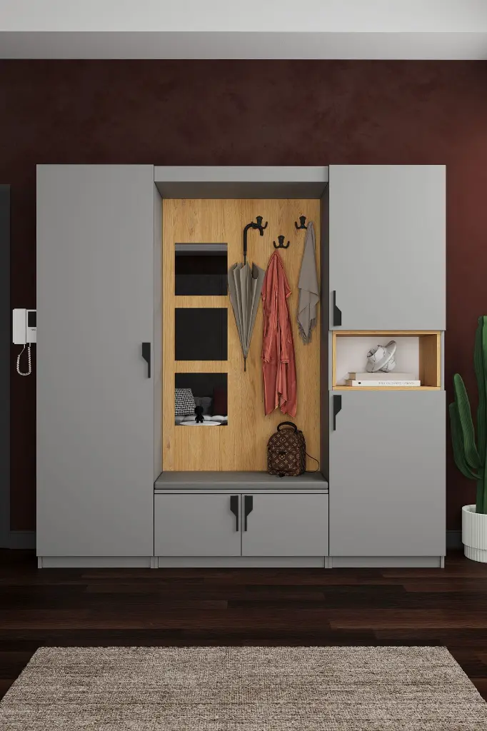 Modern Vestiyer ve Portmanto 210 cm Oturaklı Aynalı Ayakkabılıklı V-04 