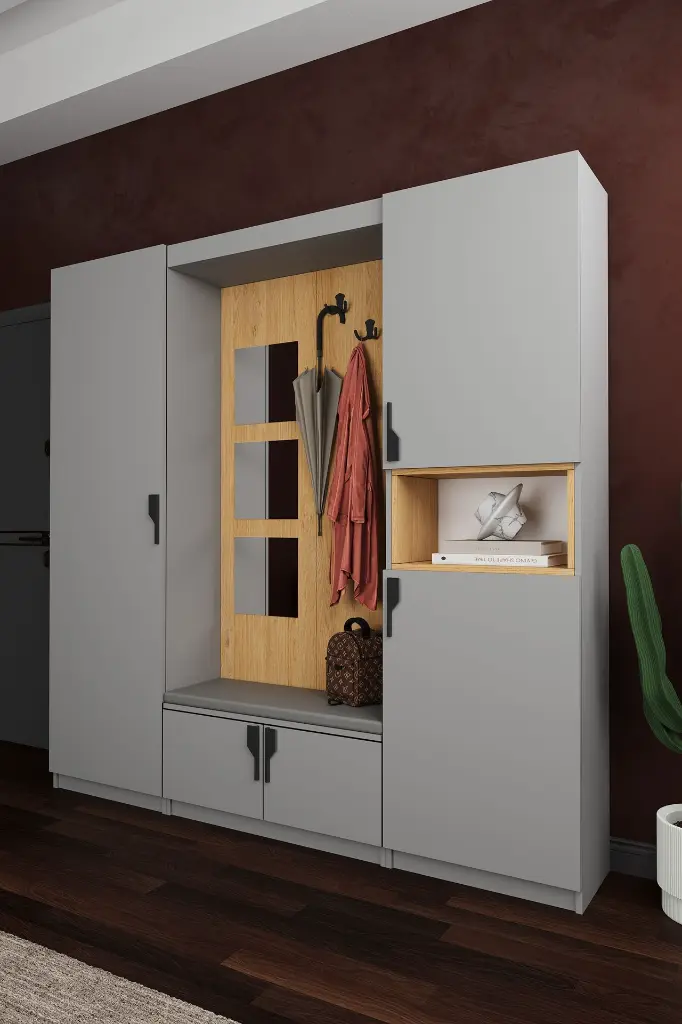 Modern Vestiyer ve Portmanto 210 cm Oturaklı Aynalı Ayakkabılıklı V-04 