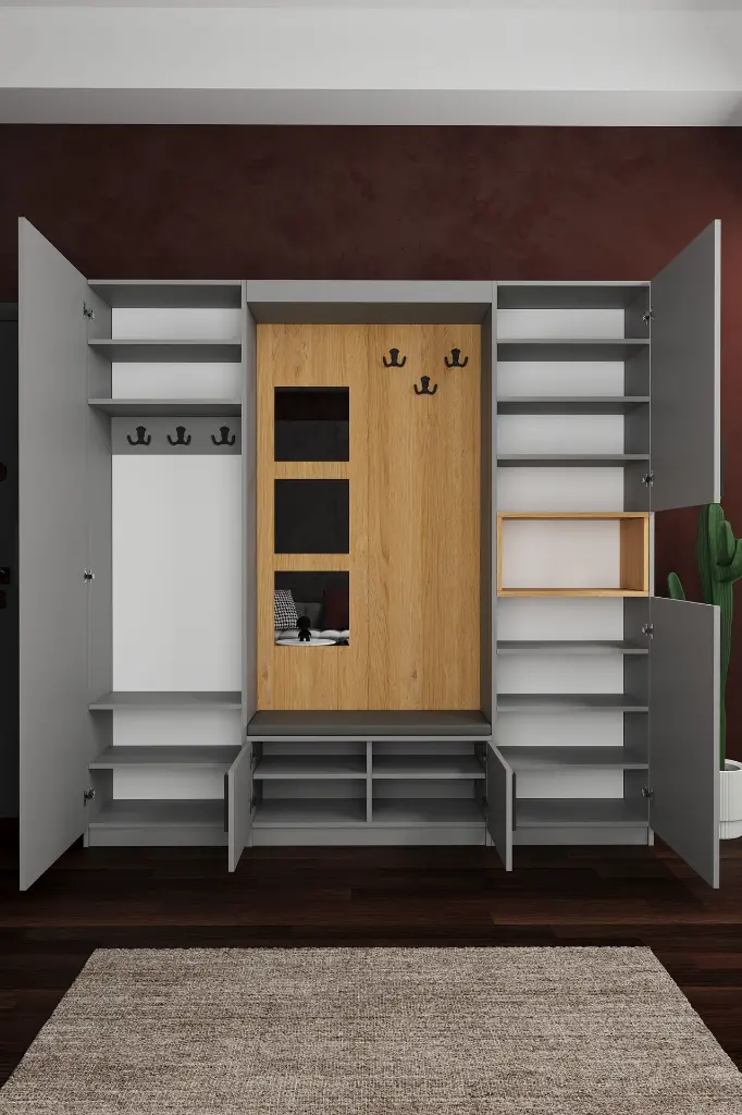 Modern Vestiyer ve Portmanto 210 cm Oturaklı Aynalı Ayakkabılıklı V-04 