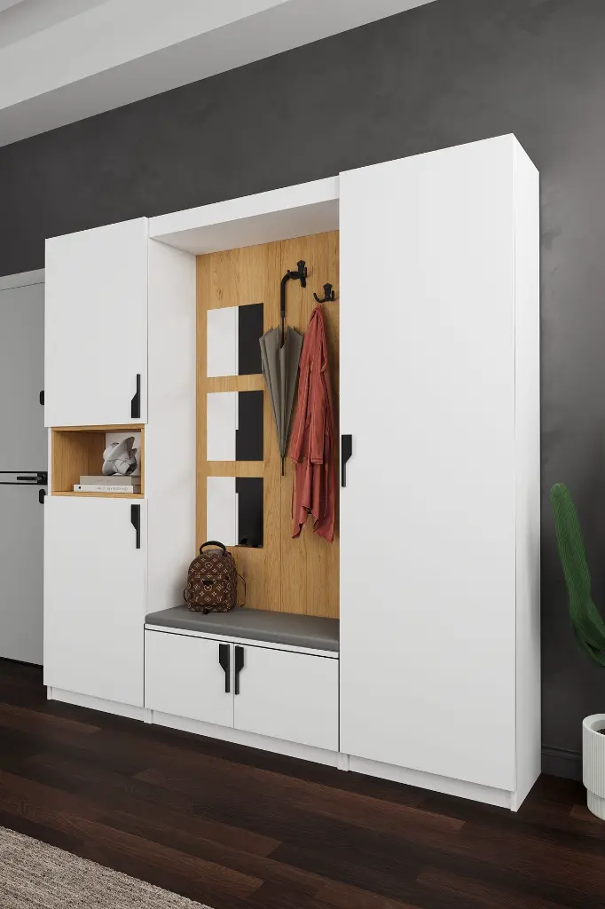 V-05 Modern Vestiyer ve Portmanto 210 cm Minderli Oturaklı Aynalı