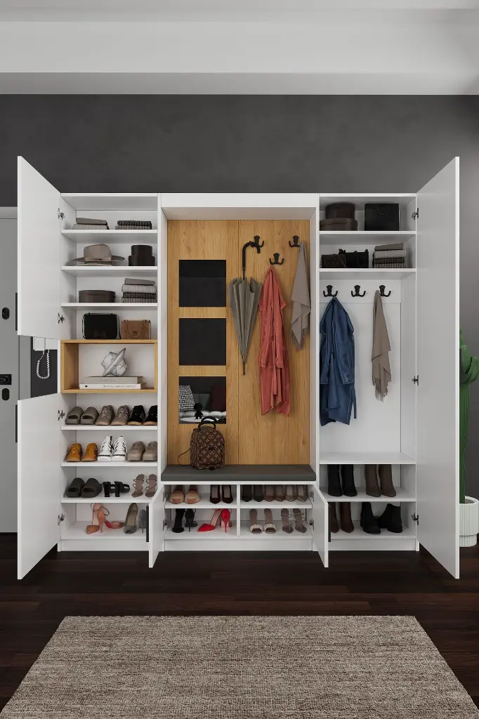 V-05 Modern Vestiyer ve Portmanto 210 cm Minderli Oturaklı Aynalı
