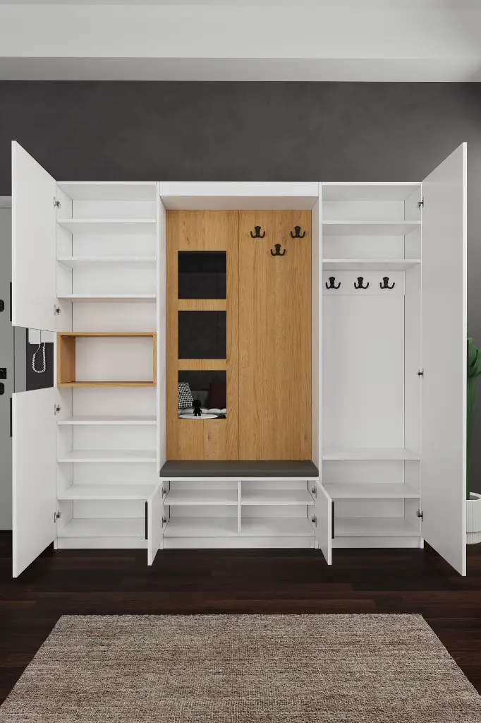 V-05 Modern Vestiyer ve Portmanto 210 cm Minderli Oturaklı Aynalı
