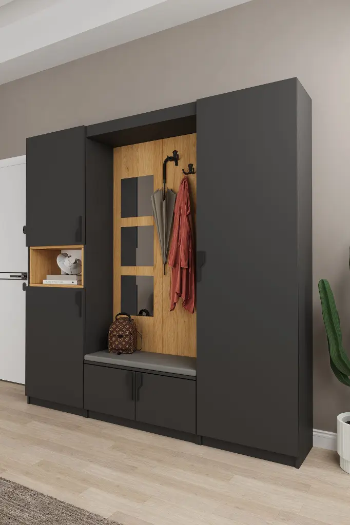 Modern Vestiyer ve Portmanto 210 cm Minderli Oturaklı Aynalı V-05 