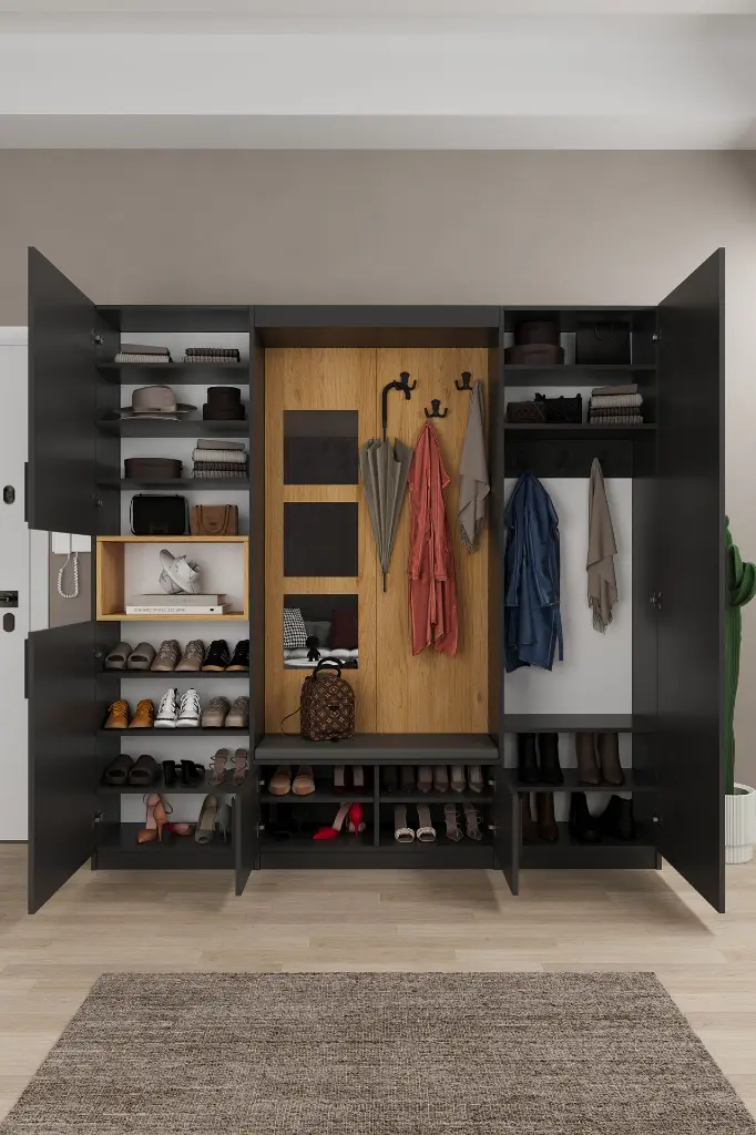 Modern Vestiyer ve Portmanto 210 cm Minderli Oturaklı Aynalı V-05 