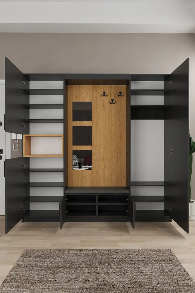 Modern Vestiyer ve Portmanto 210 cm Minderli Oturaklı Aynalı V-05 