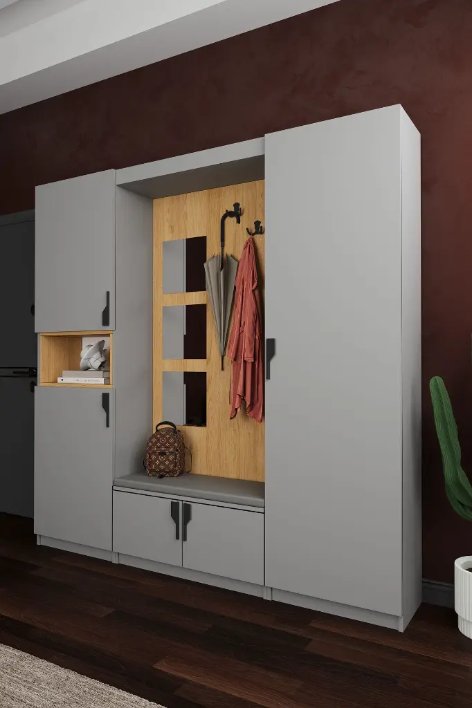 Modern Vestiyer ve Portmanto 210 cm Minderli Oturaklı Aynalı V-05 