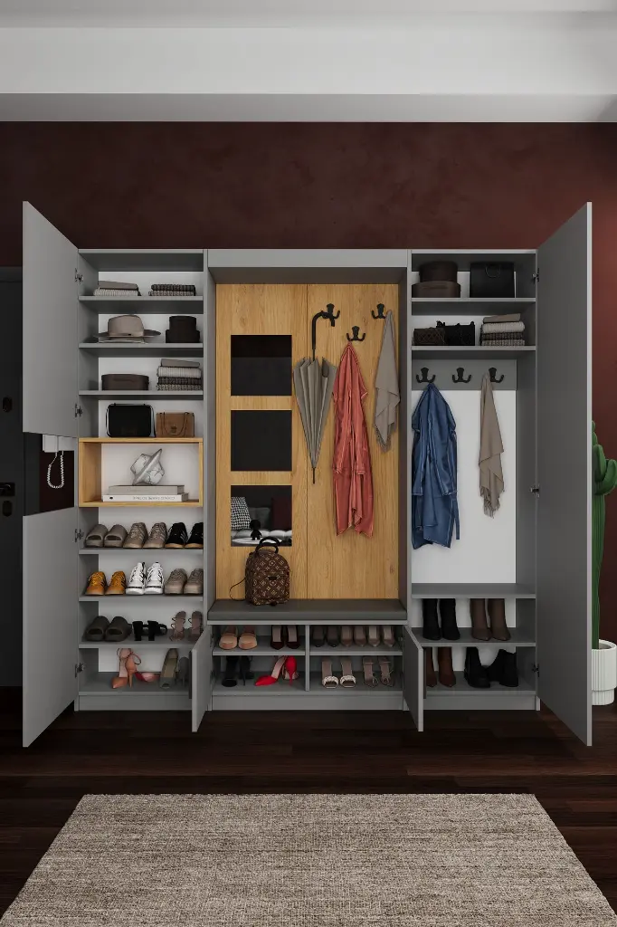 Modern Vestiyer ve Portmanto 210 cm Minderli Oturaklı Aynalı V-05 