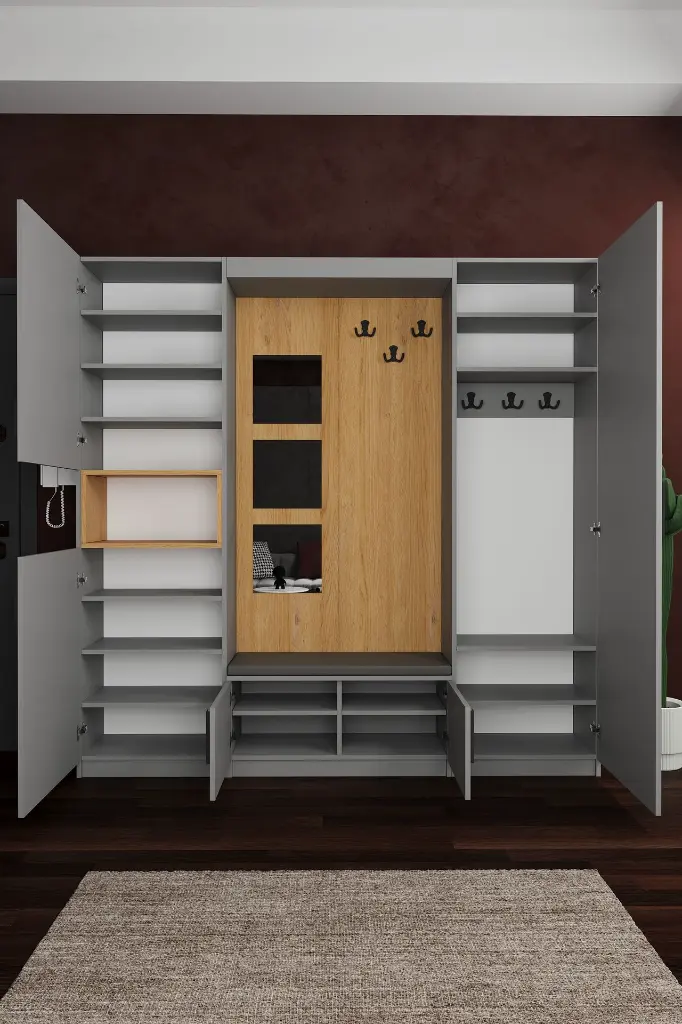 Modern Vestiyer ve Portmanto 210 cm Minderli Oturaklı Aynalı V-05 