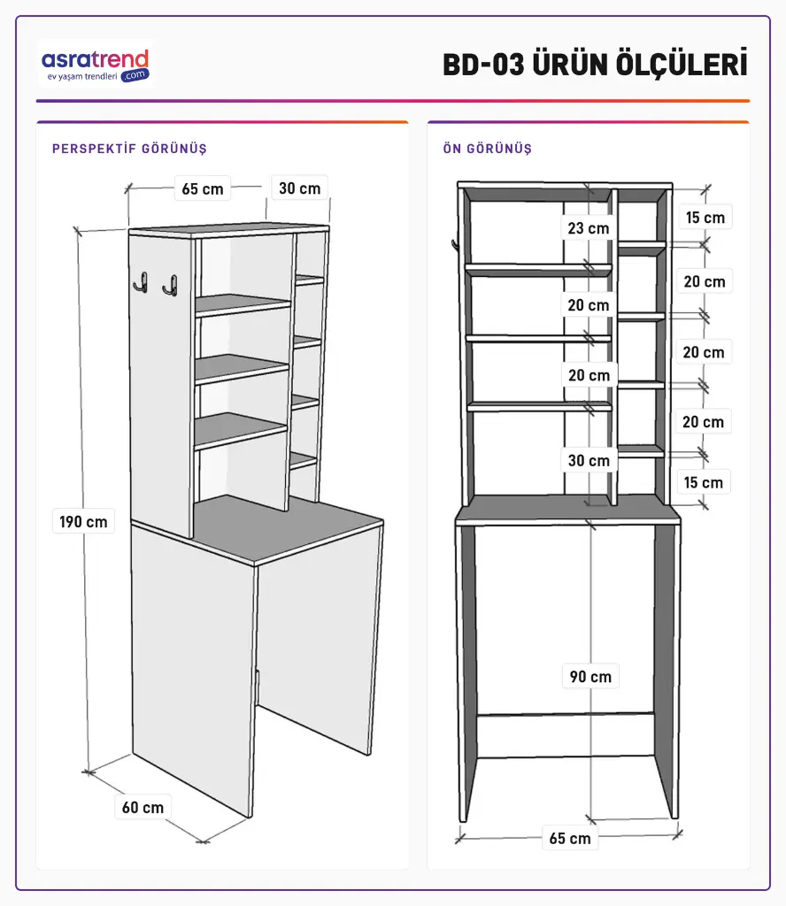 BD-03 ölçü şeması: 190 cm yükseklik, 65 cm genişlik, 60 cm derinlik; ön görünüşte 90 cm makine yuvası ve raf aralıkları
