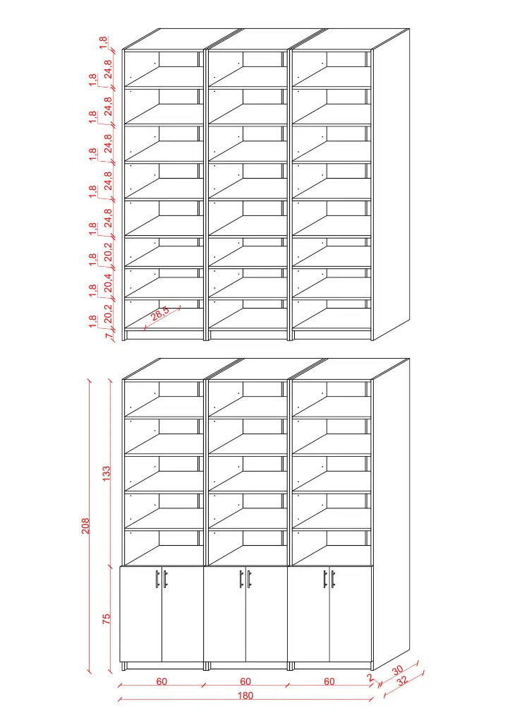 Koyu Gri & Petra Kontrast Kapaklı Üçlü Kitaplık – 180x208 cm %100 MDFLAM K-59