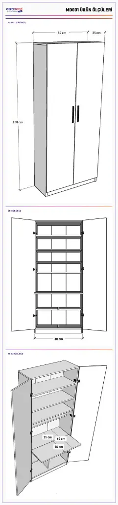 MD001 kapalı halde 80x35x208 cm ölçüleriyle gösterilir; açık çizimde iç raflar ve açılır masa yüzeyi detaylandırılır.