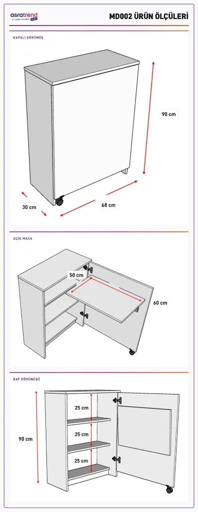 MD-002 ölçü şeması: kapalı halde 90x68x30 cm, açık masa yüzeyi 60x50 cm ve 25 cm aralıklı üç raf.