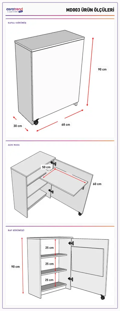 Kiler Dolabı Katlanır Masalı Tekerlekli 60x50 cm %100 MDFLAM MD-003