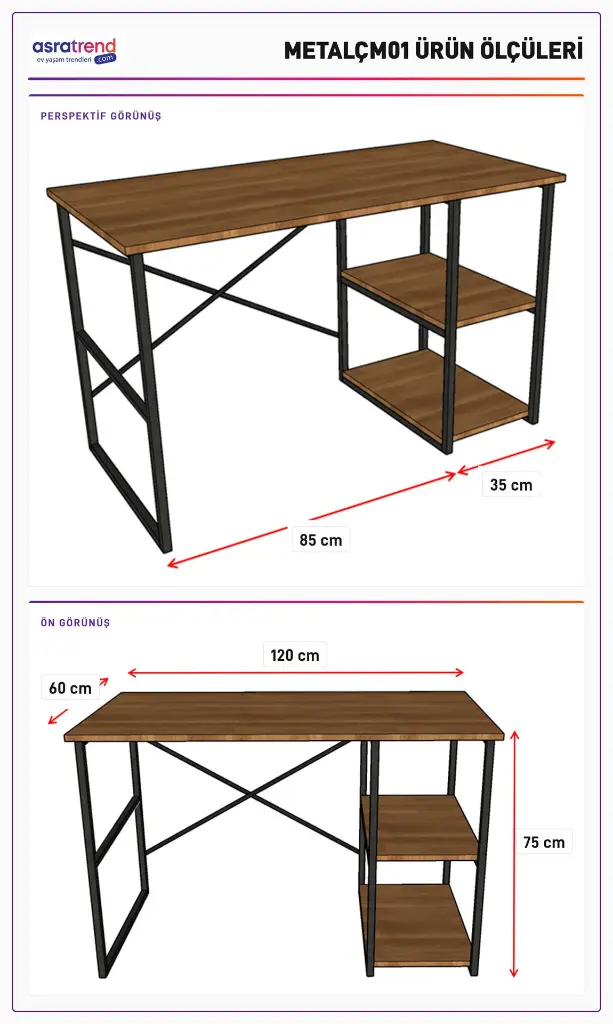 METALCM01 ölçü şeması: perspektif ve ön görünüşte 120 cm genişlik, 60 cm derinlik, 75 cm yükseklik, 35 cm raf derinliği.