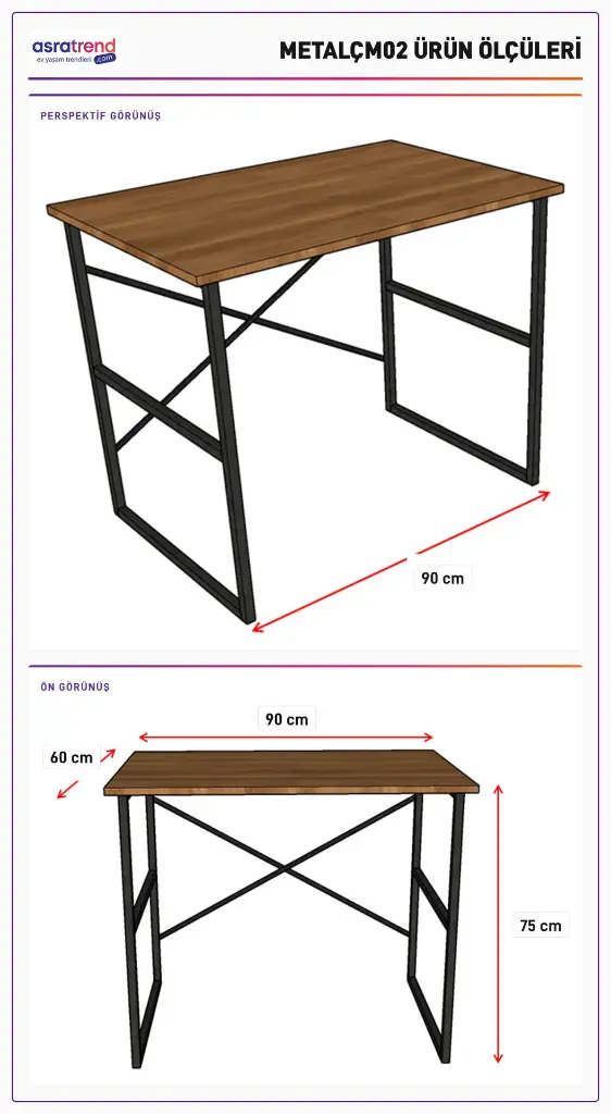 METALCM02 çalışma masası ölçü şeması: perspektif ve ön görünümde genişlik 90 cm, derinlik 60 cm, yükseklik 75 cm okunuyor.