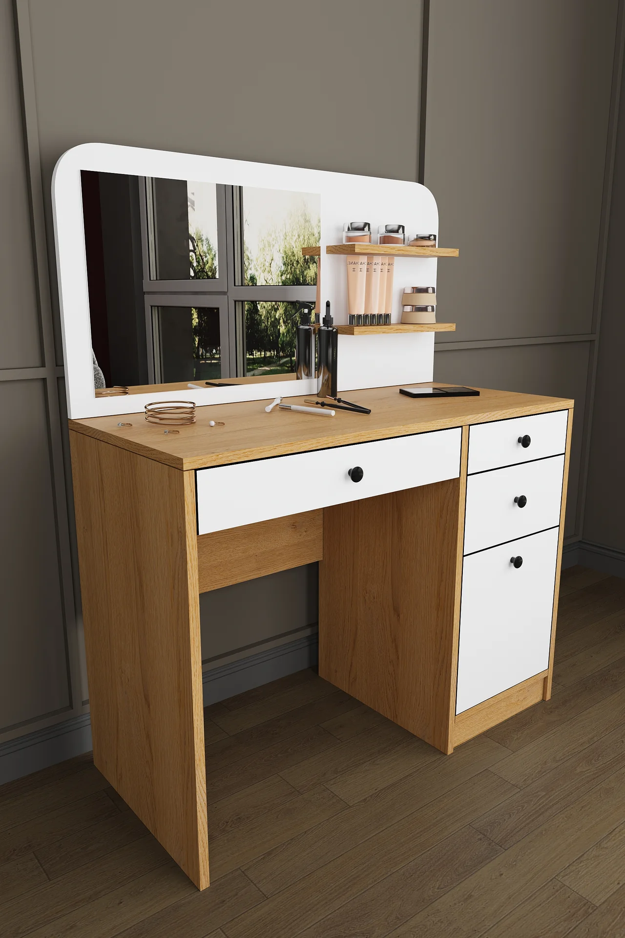 Aynalı Makyaj Masası 3 Çekmeceli Dolaplı %100 MDF 100 cm - MAM-02