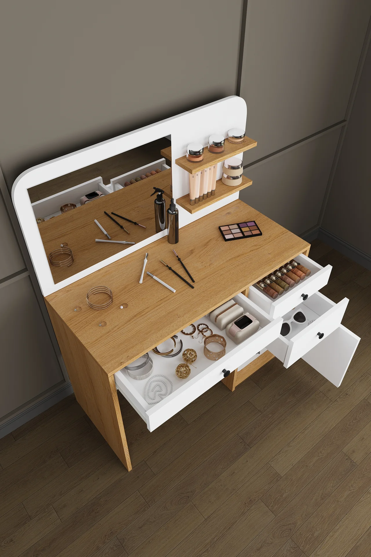 Aynalı Makyaj Masası 3 Çekmeceli Dolaplı %100 MDF 100 cm - MAM-02