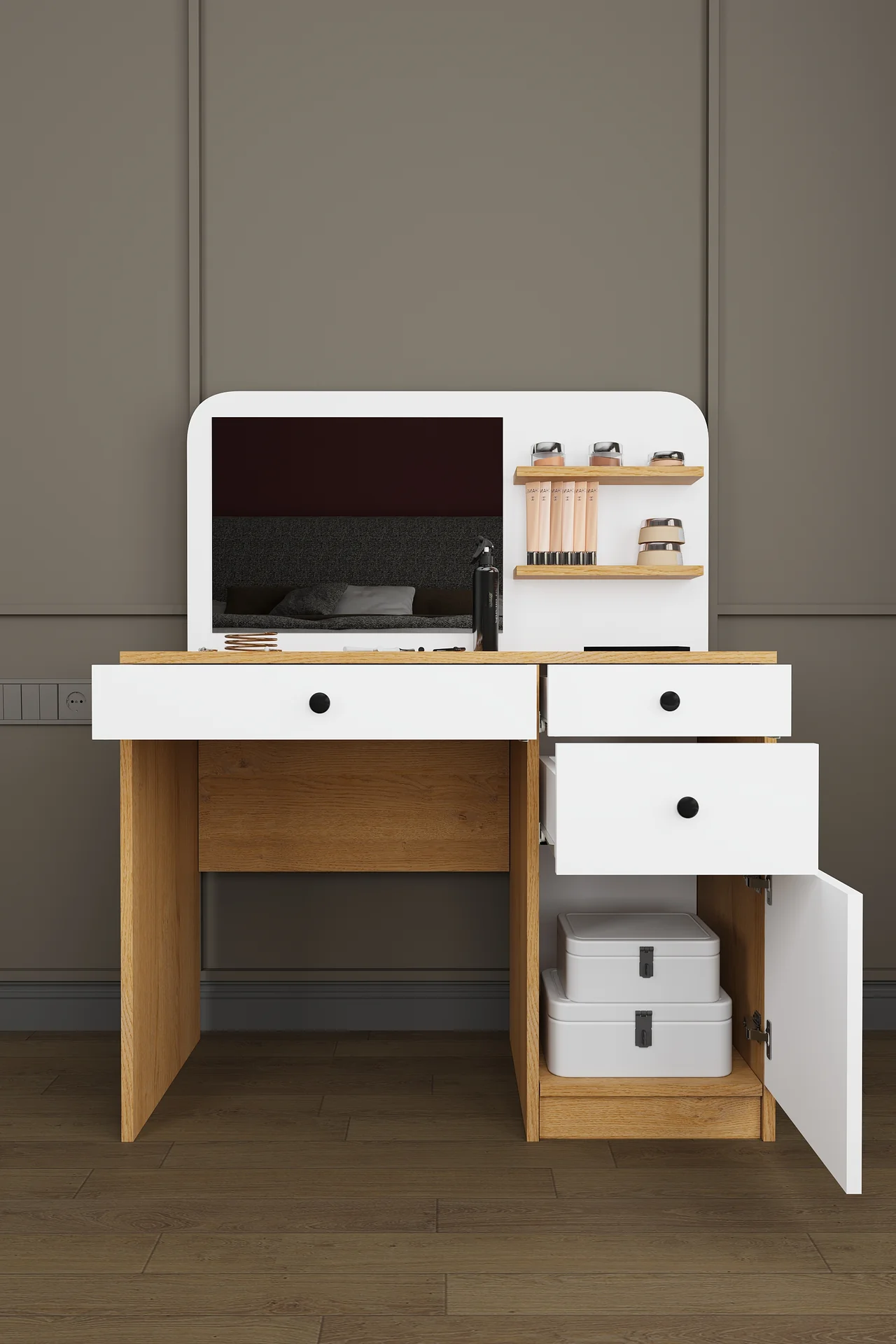 Aynalı Makyaj Masası 3 Çekmeceli Dolaplı %100 MDF 100 cm - MAM-02