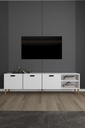 Beyaz yemek odası takımının 200 cm TV ünitesi, üç kapaklı ve iki katlı açık raflı
