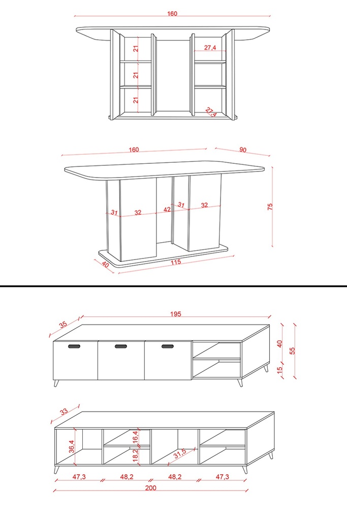 YT-01 ölçü şeması 1: yemek masası 160x90x75 cm, kaide 115x40 cm ve kapak arkası raf gözleri
