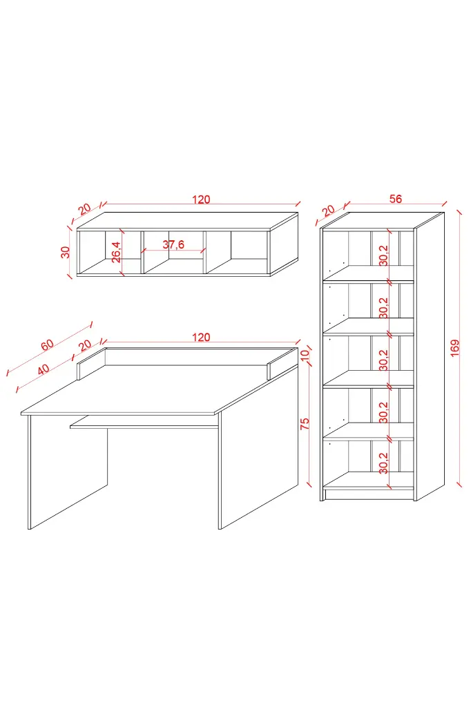 Kitaplıklı Çalışma Masası Seti 120 cm, 5 Raflı Kitaplık ve Duvar Rafı - ÇMT001