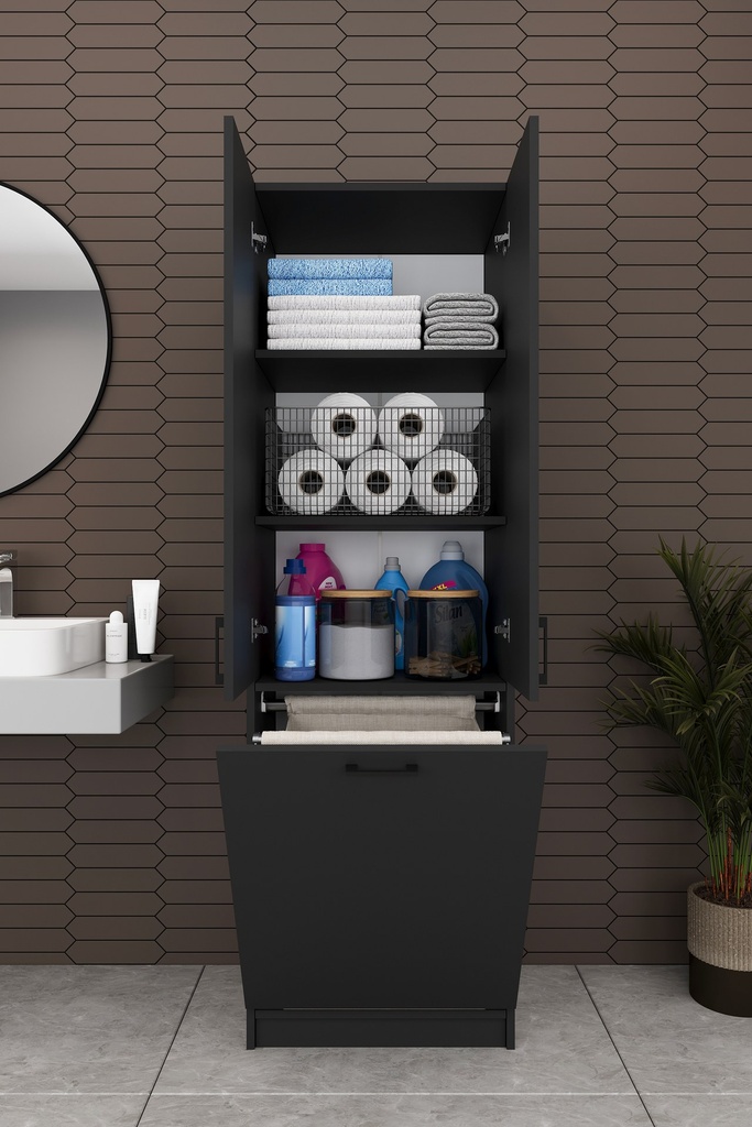 Kirli Sepetli Banyo Dolabı 2 Kapaklı Raflı 60x194 cm - BD-06