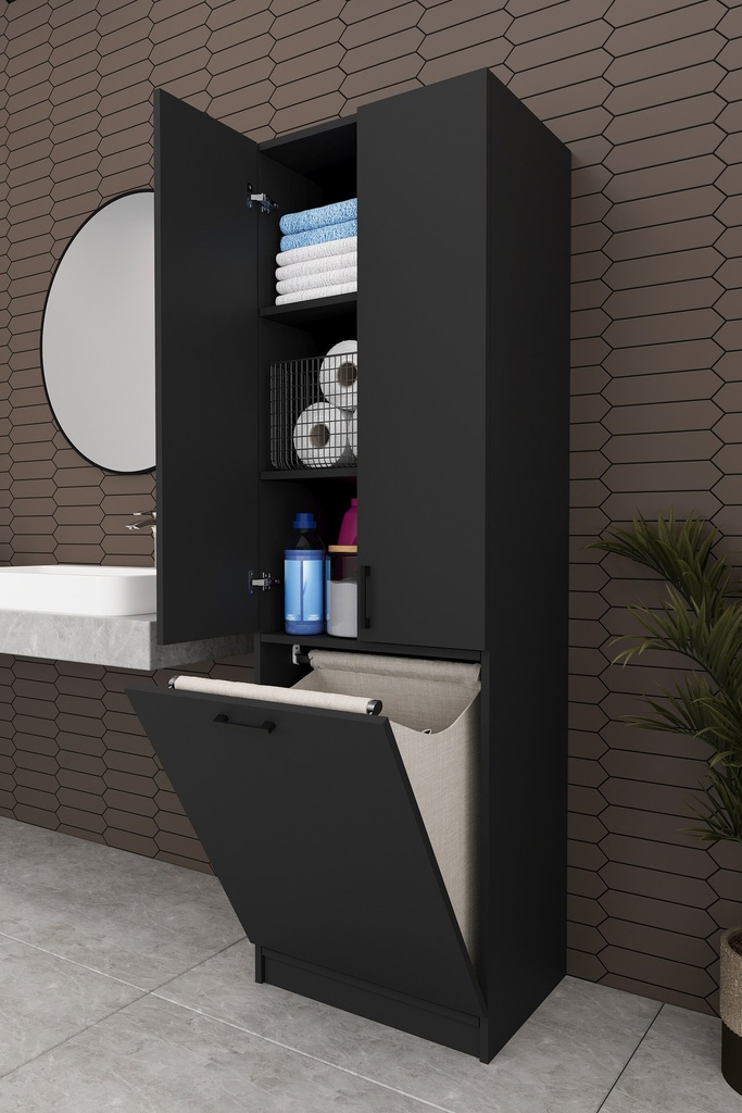 Kirli Sepetli Banyo Dolabı 2 Kapaklı Raflı 60x194 cm - BD-06