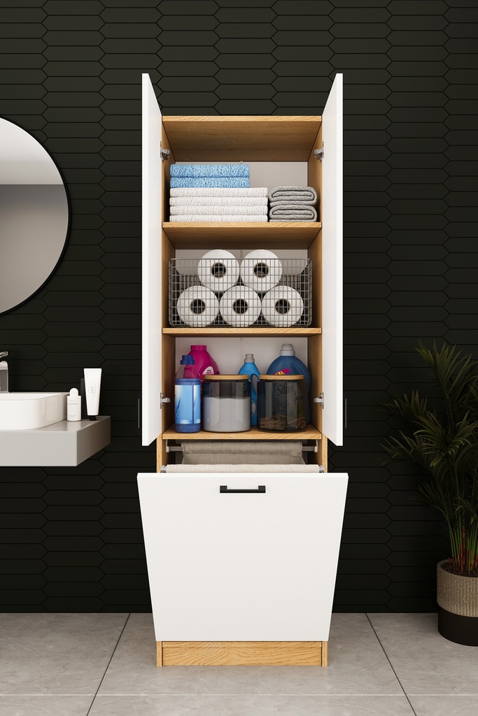 Kirli Sepetli Banyo Dolabı 2 Kapaklı Raflı 60x194 cm - BD-06