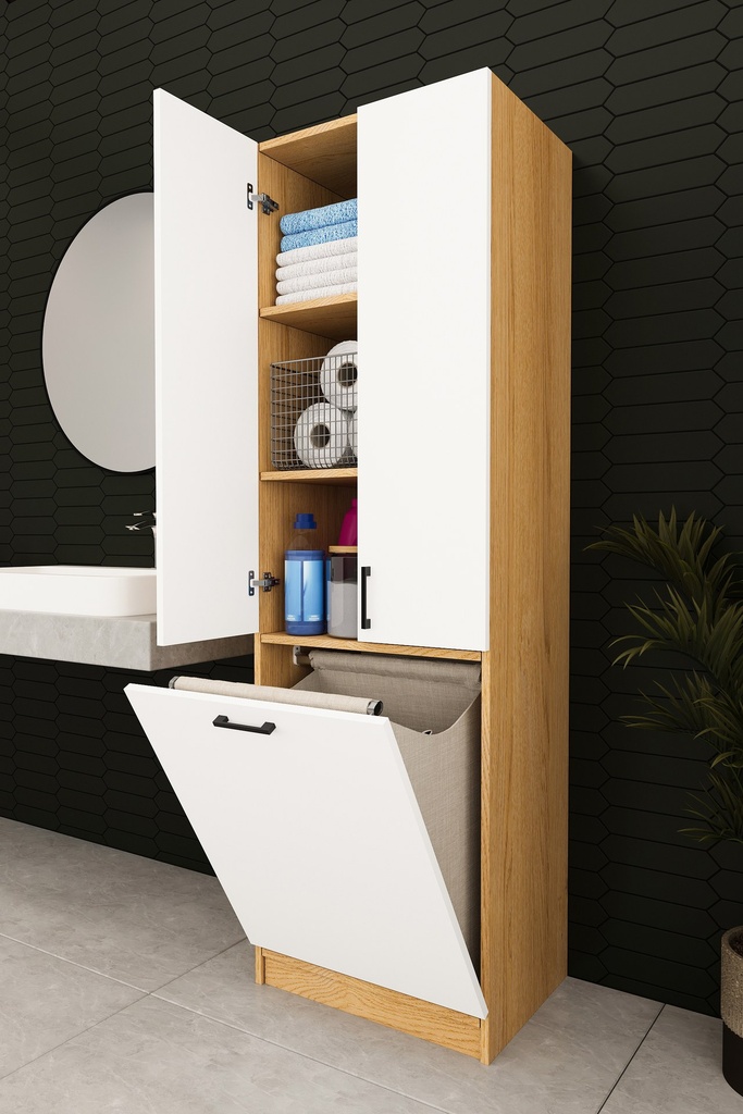 Kirli Sepetli Banyo Dolabı 2 Kapaklı Raflı 60x194 cm - BD-06