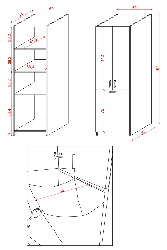 BT-01 banyo dolabı takımı, BD-06 dolabı teknik ölçü şeması