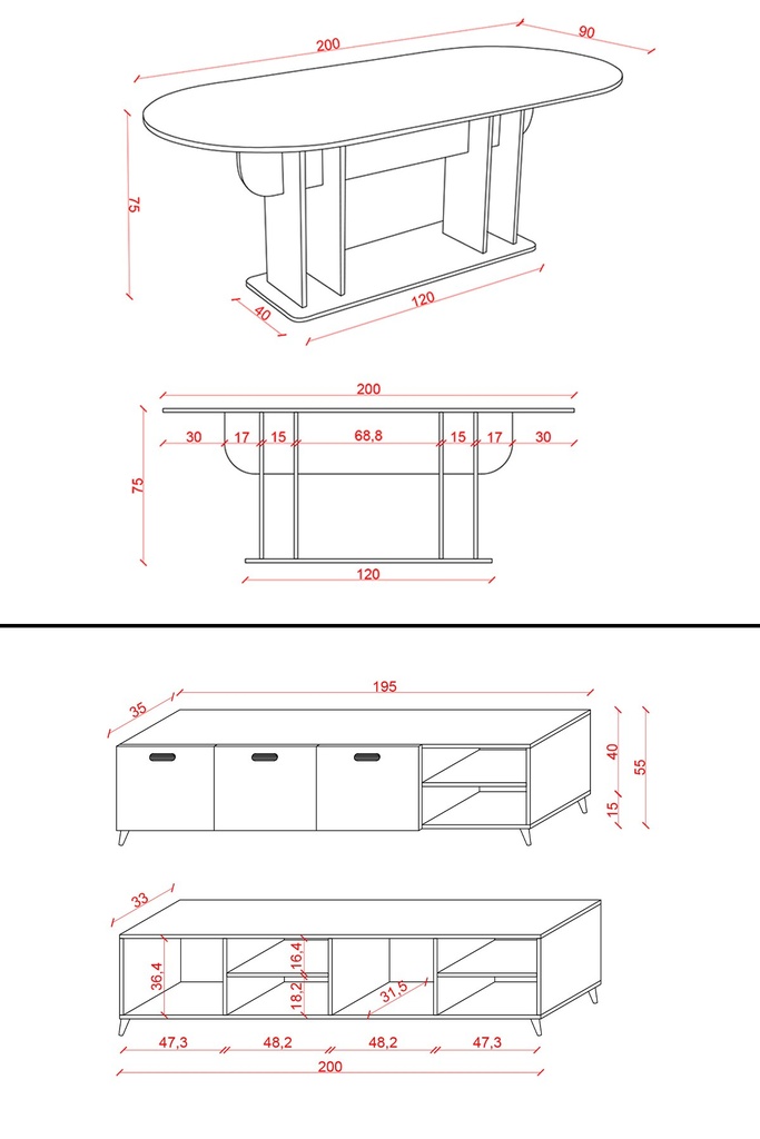YT-02 ölçü şeması 1: oval yemek masası 200x90x75 cm, taban 120x40 cm; TV ünitesi 200x35x55 cm.