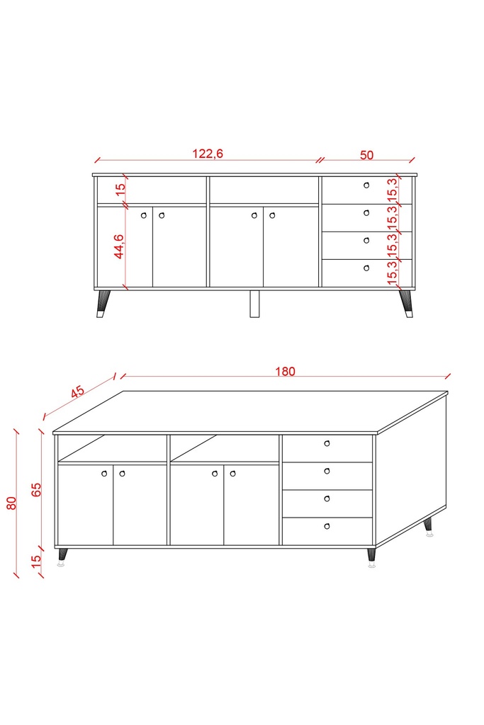 YT-02 ölçü şeması 2: konsol 180x45x80 cm, 4 kapak, 2 açık niş ve 4 çekmece.