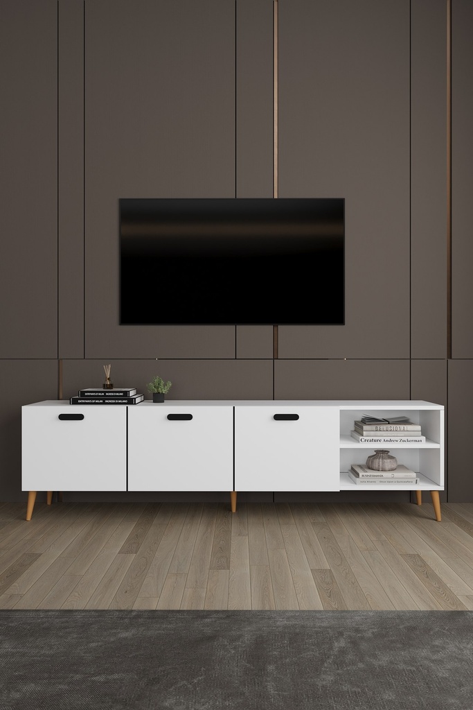 Beyaz yemek odası takımının 200 cm TV ünitesi, 3 kapak ve iki katlı açık raf