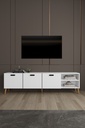 Beyaz yemek odası takımının 200 cm TV ünitesi, 3 kapak ve iki katlı açık raf