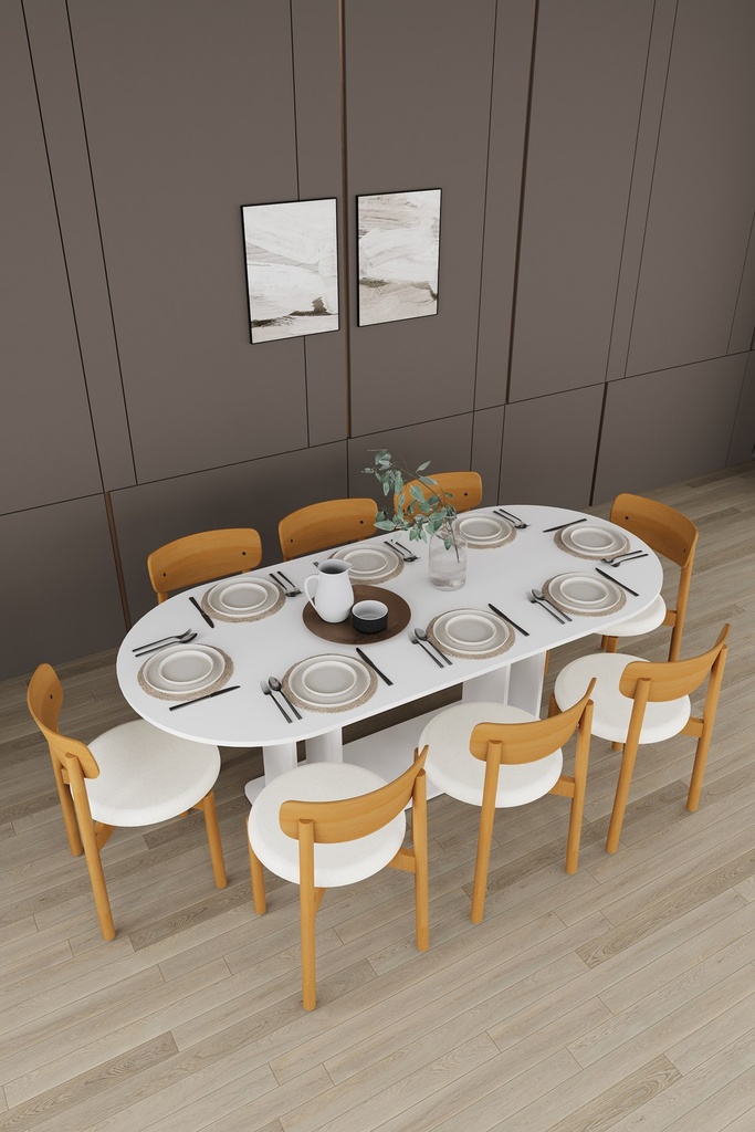 Beyaz yemek odası takımının 200x90 cm oval masası ve 8 sandalyesi, üstten görünüm