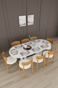 Beyaz yemek odası takımının 200x90 cm oval masası ve 8 sandalyesi, üstten görünüm