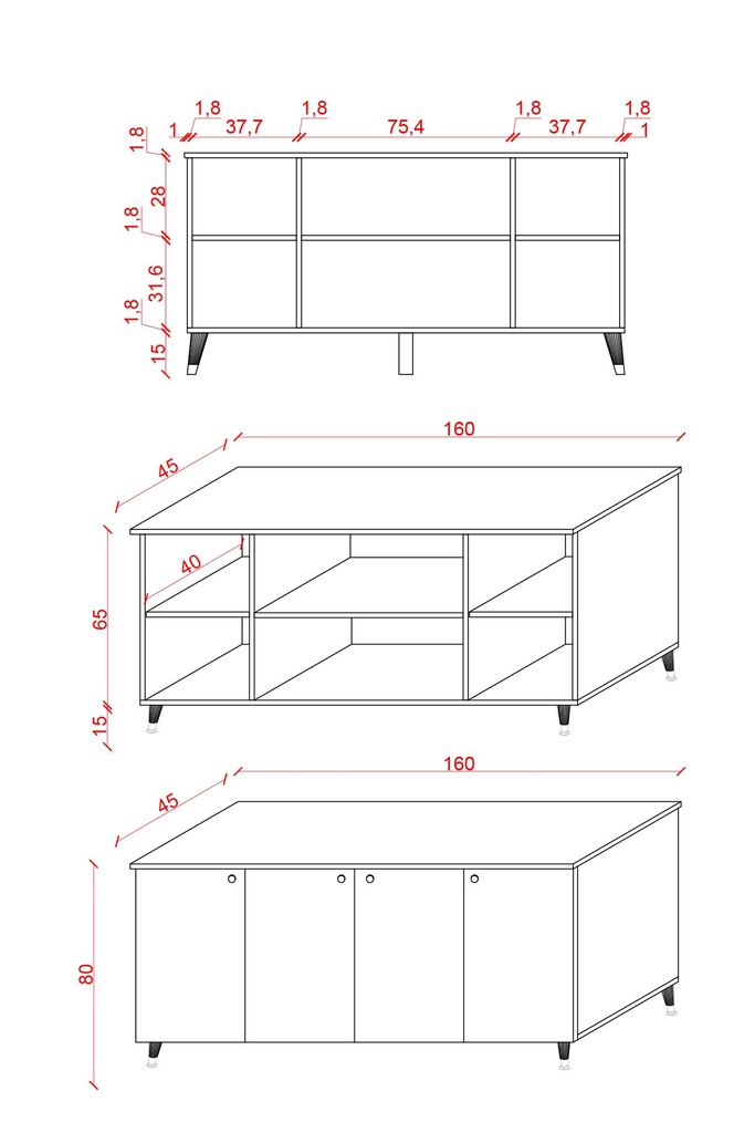 YT-03 ölçü şeması 2: konsol 160x45x80 cm, 4 kapak, iç bölmeler 37,7 / 75,4 / 37,7 cm.