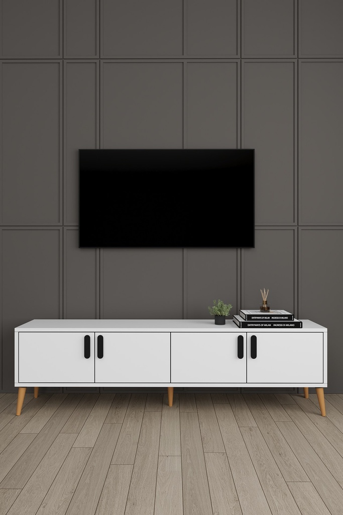 Beyaz yemek odası takımının 160 cm TV ünitesi, 4 kapak ve oluklu kulplar