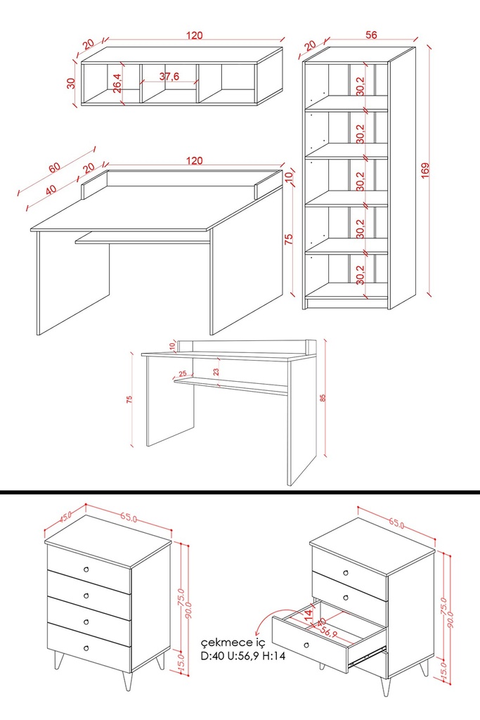 GNC-01 ölçü şeması 2: çalışma masası 120x60x75 cm, duvar rafı 120x20x30 cm, kitaplık 56x20x169 cm, şifonyer 65x45x90 cm.
