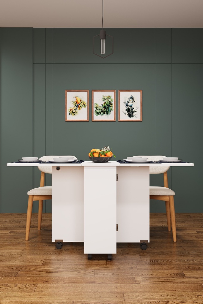 Katlanır Mutfak Masası 155x70 cm Raflı Tekerlekli Dolaplı - KM-12