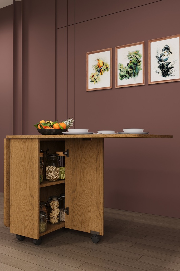 Katlanır Mutfak Masası 155x70 cm Raflı Tekerlekli Dolaplı - KM-12