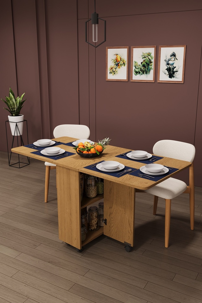 Katlanır Mutfak Masası 155x70 cm Raflı Tekerlekli Dolaplı - KM-12