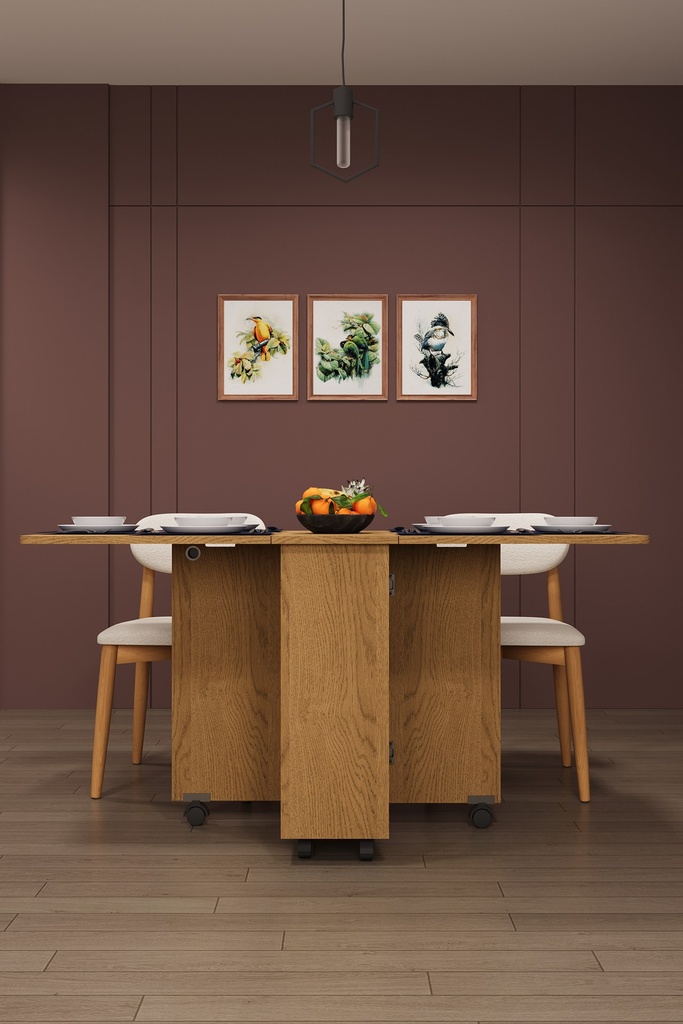 Katlanır Mutfak Masası 155x70 cm Raflı Tekerlekli Dolaplı - KM-12