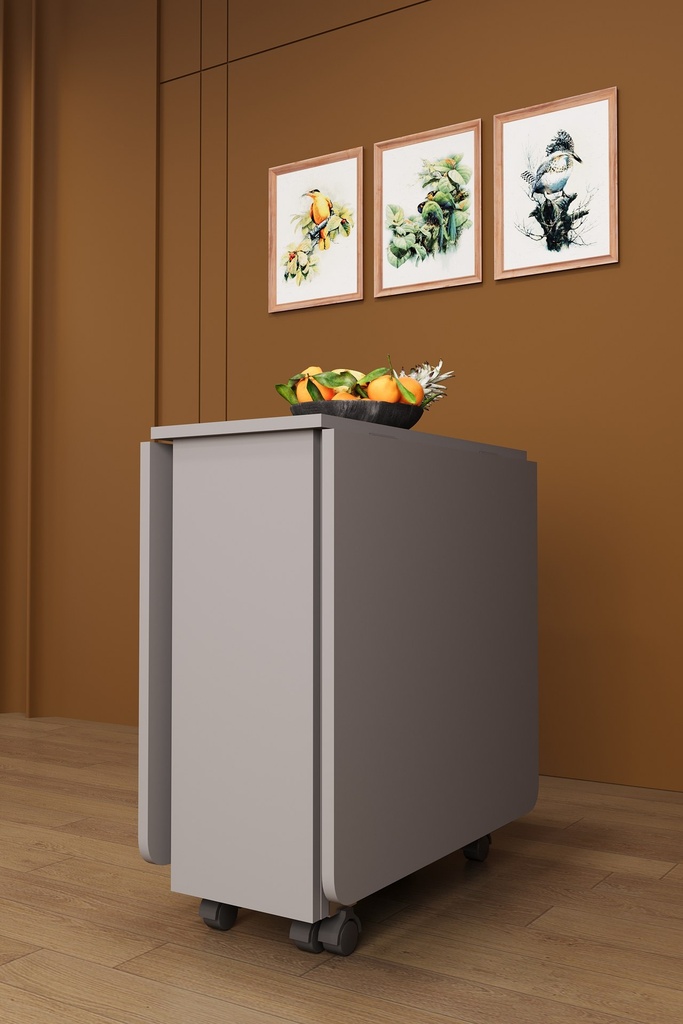 Katlanır Mutfak Masası 155x70 cm Raflı Tekerlekli Dolaplı - KM-12